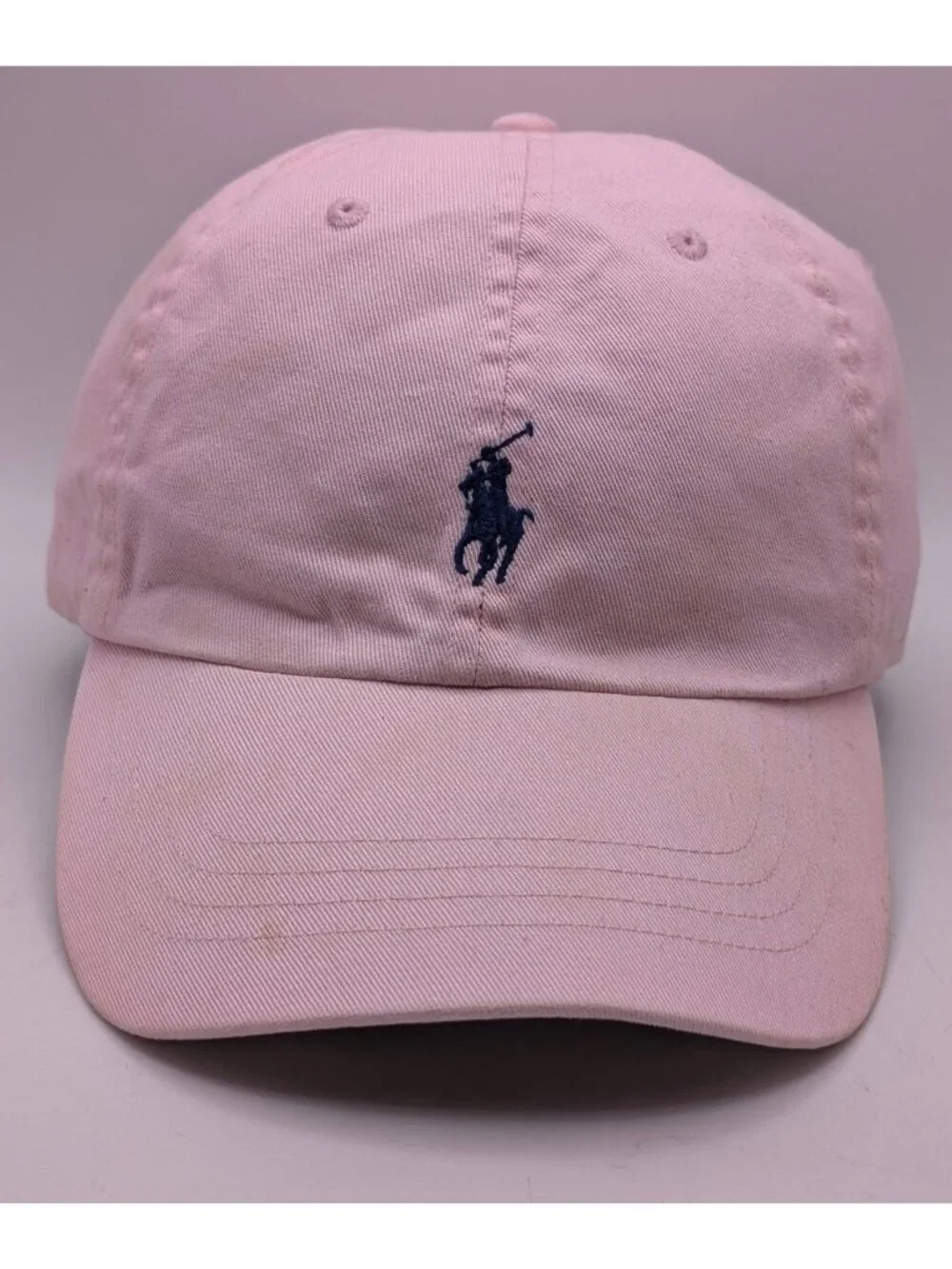 Vintage POLO Ralph Lauren Light Pink Hat Leather Strap Adjustable Blue Pony Y2K